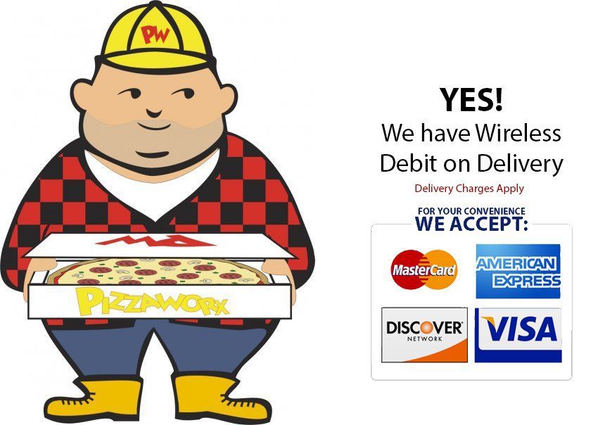 The Pizzaworx mascot in his yellow hard hat and plaid shirt, carrying a fresh pizza